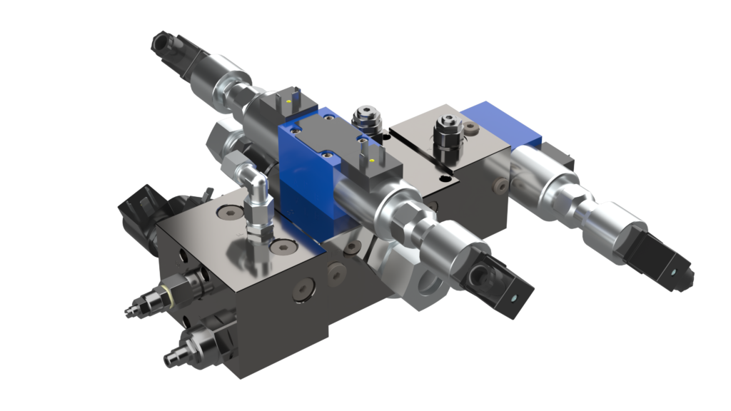 Desenho 3D de um bloco de segurança de uma dobradeira hidráulica, contendo as válvulas solenoide com feedback  