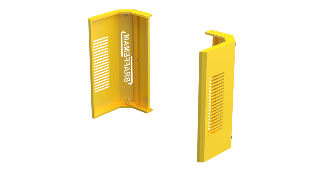 NR-12 em dobradeiras - Proteções laterais. Desenho 3D de proteções laterais utilizadas em Dobradeiras, sendo um dos requisitos da norma NR-12